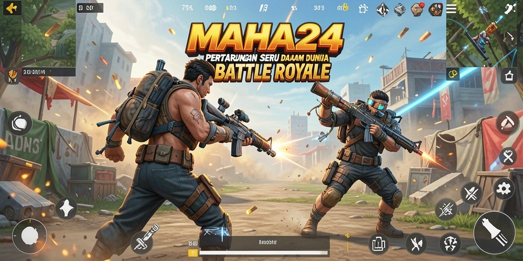 Tampilan gameplay penuh aksi di MAHA24, menjelajahi peta dengan kendaraan.