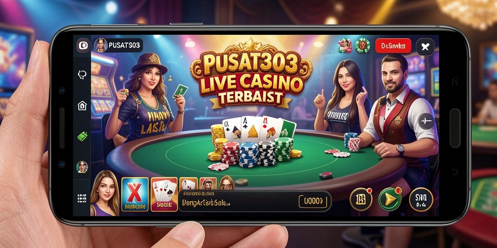 Screenshot gameplay PUSAT303 yang menampilkan dealer langsung dan permainan interaktif.