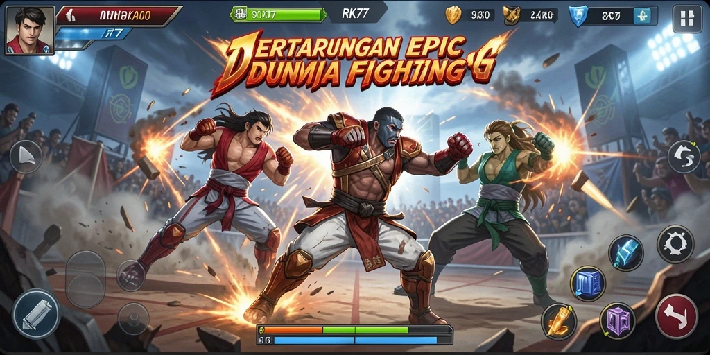 Gameplay RK77 menunjukkan aksi pertarungan yang epik dan karakter yang dinamis.